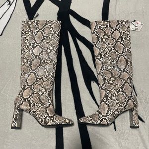 ZARA Faux Snakeskin Print Knee High Block Heel Boots